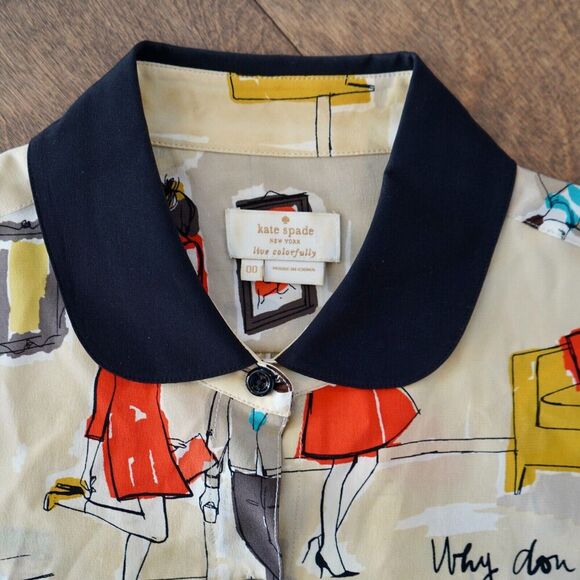 KATE SPADE PRINTED 100% SILK BLOUSE WOMENS SIZE 00 - Picture 7 of 9